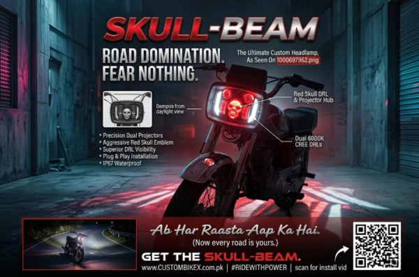 Premium Skull Headlamp Assembly for Honda CD70 & CG125 – Dual LED Projector Headlight with Red Skull DRL